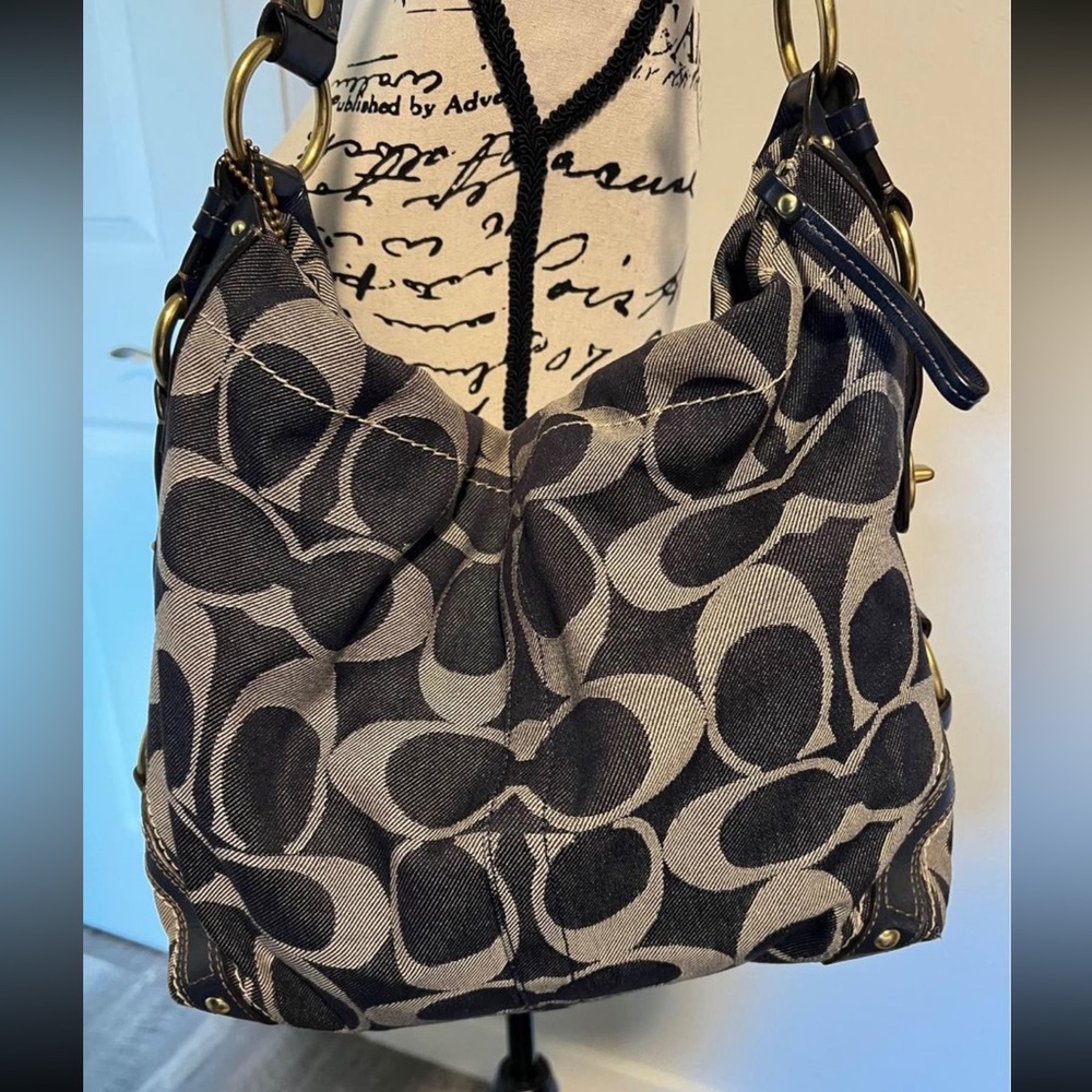 COACH Carly Denim with Blue Leather Trim Large Shoulder Handbag